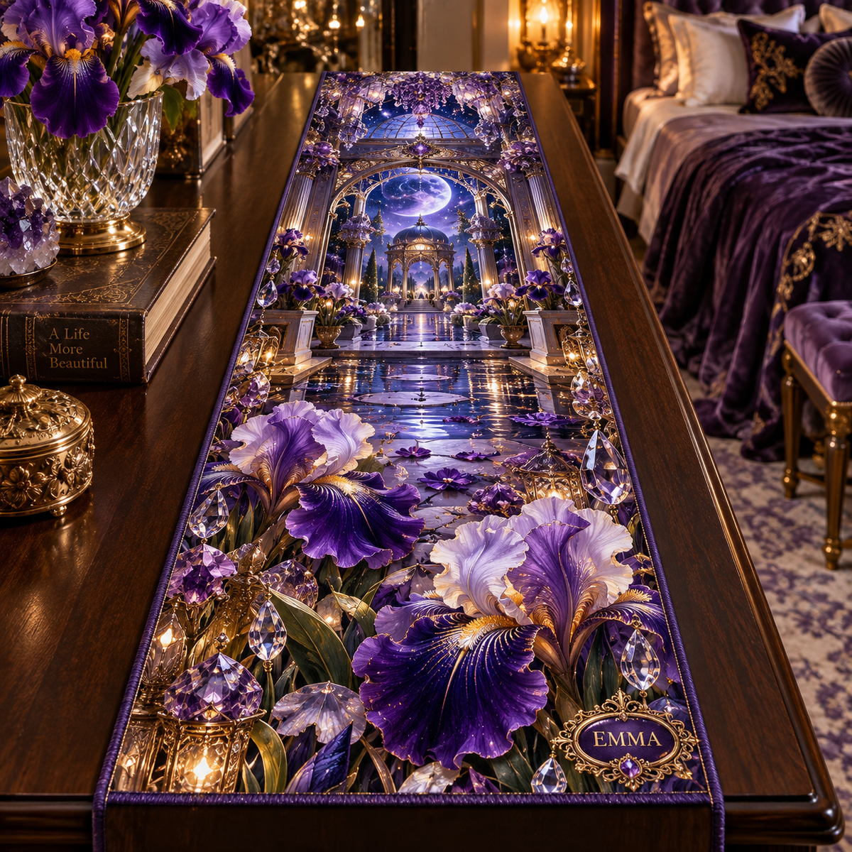 One table runner with a continuous iris celestial mirror palace, royal violet, amethyst, indigo and pearl blooms, faceted crystal lights, carved moon gates, mirrored arches, amethyst seating and reflecting garden.