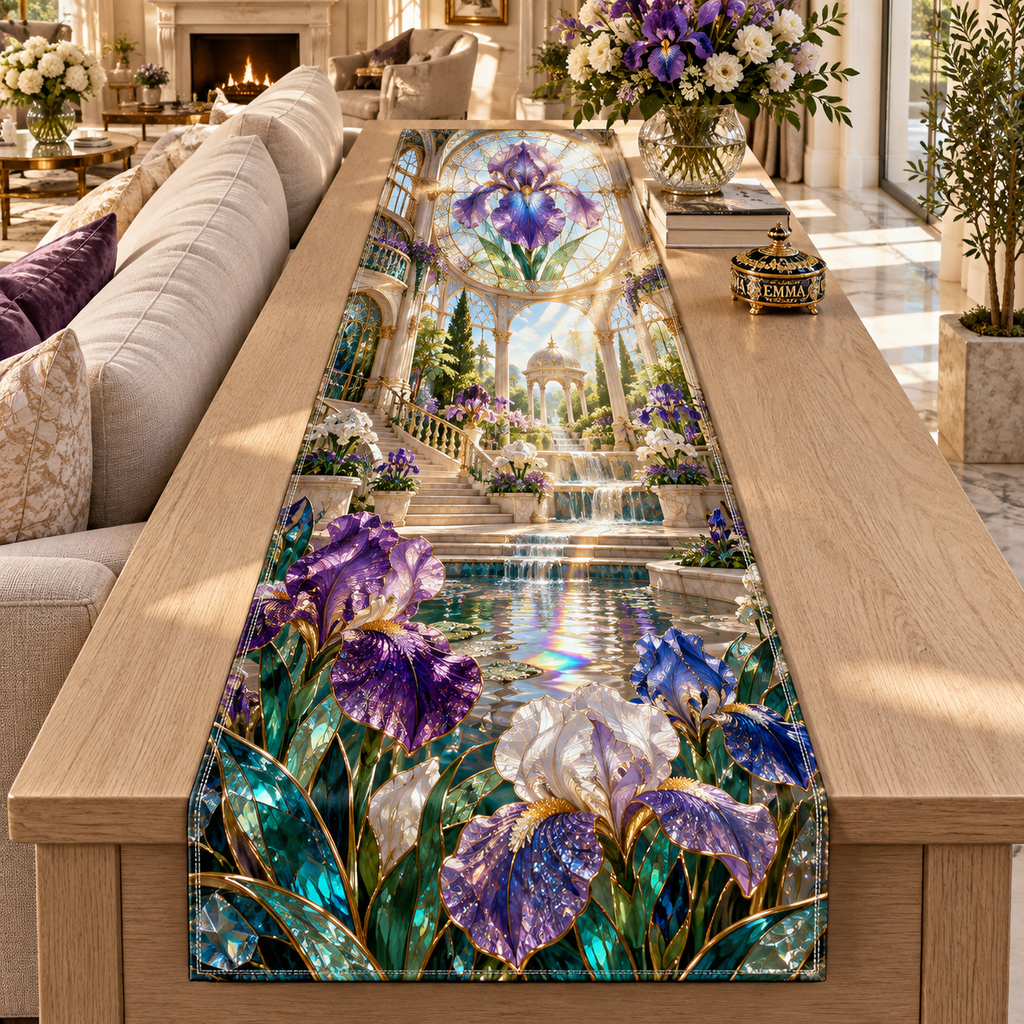 One table runner with a continuous iris Grand Prism Atrium, violet, cobalt and pearl blooms, peacock-teal leaves, amber-gold glass leading, limestone terraces, reflecting water and sunlit oculus.