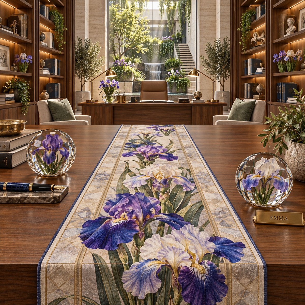 One table runner with a continuous iris executive lightwell studio, violet, cobalt and pearl blooms, walnut shelves, pale limestone, centered desk, brass task lamps, books, greenery and skylit garden.