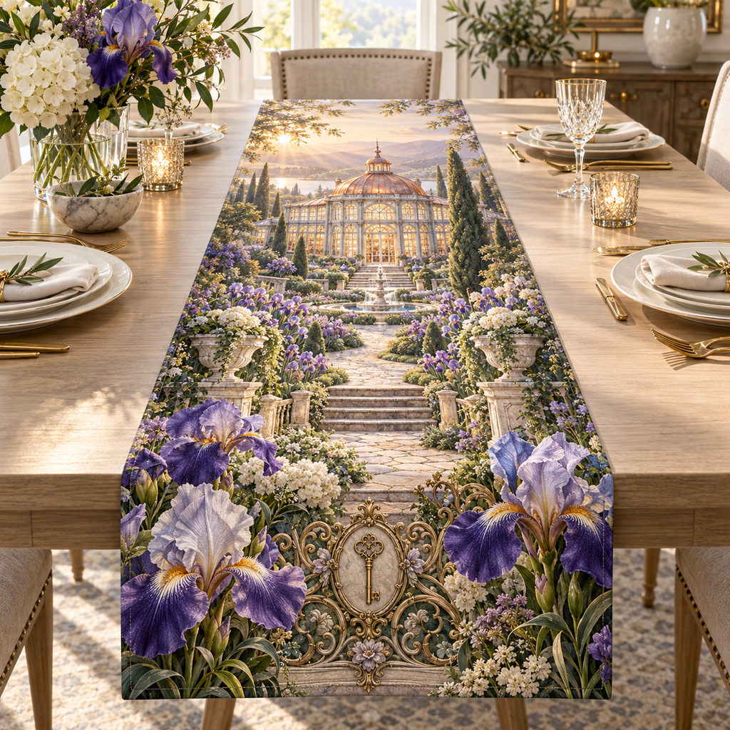 One table runner with a continuous iris Heirloom Keyhouse Estate, violet, cobalt and pearl blooms, antique brass keys, limestone terraces, winding path and copper-roofed conservatory home.