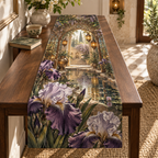 One table runner with a continuous iris Whisperlight Courtyard Alcove, aubergine, smoky lilac and pearl blooms, woven arches, amber lanterns, pale stone niches, stepping stones and reflecting pool.