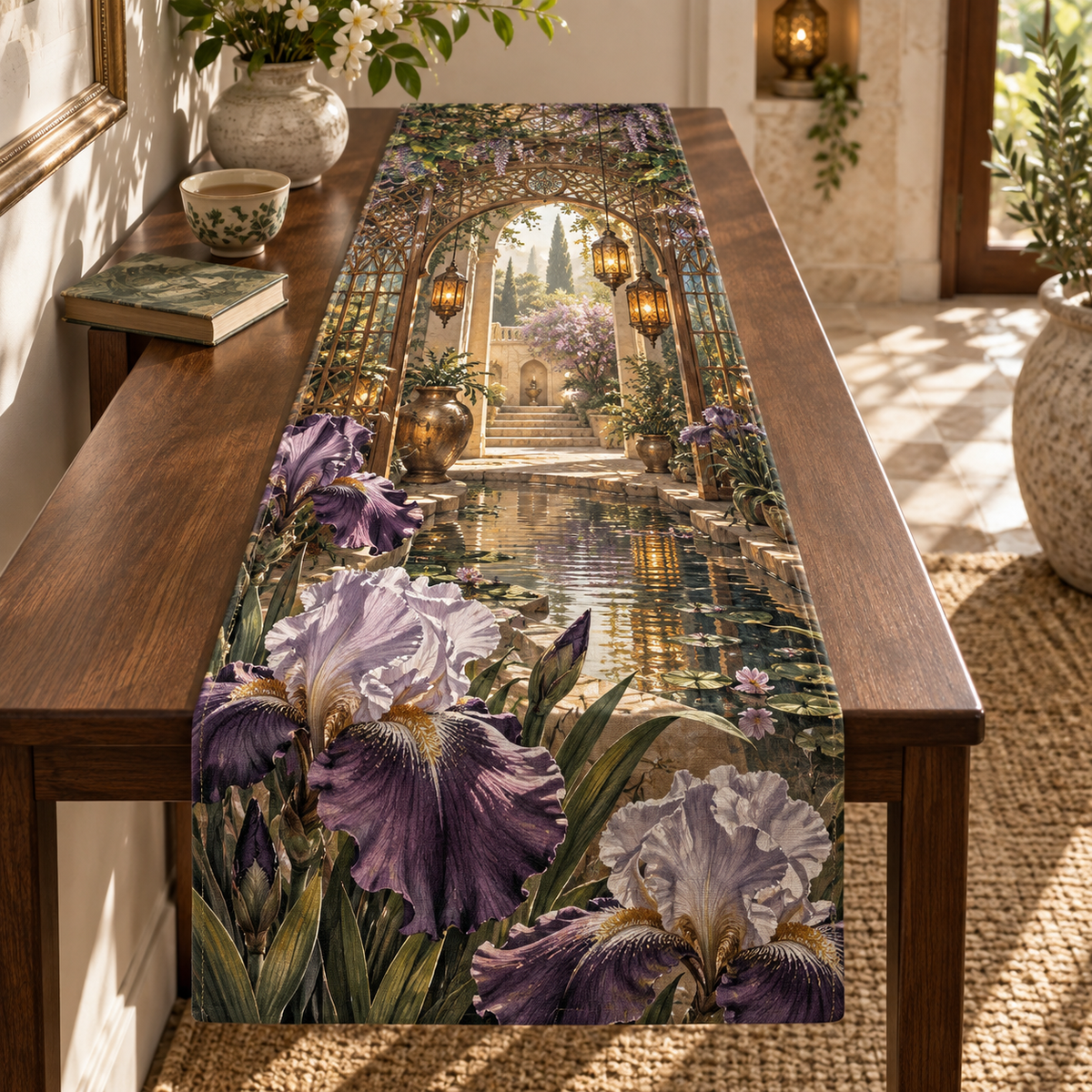 One table runner with a continuous iris Whisperlight Courtyard Alcove, aubergine, smoky lilac and pearl blooms, woven arches, amber lanterns, pale stone niches, stepping stones and reflecting pool.