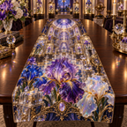 One table runner with a continuous iris Celestial Curio Gallery, blown-glass amethyst, cobalt and opal blooms, crystal plinths, brass vitrines, spiral balconies and star-prism oculus.