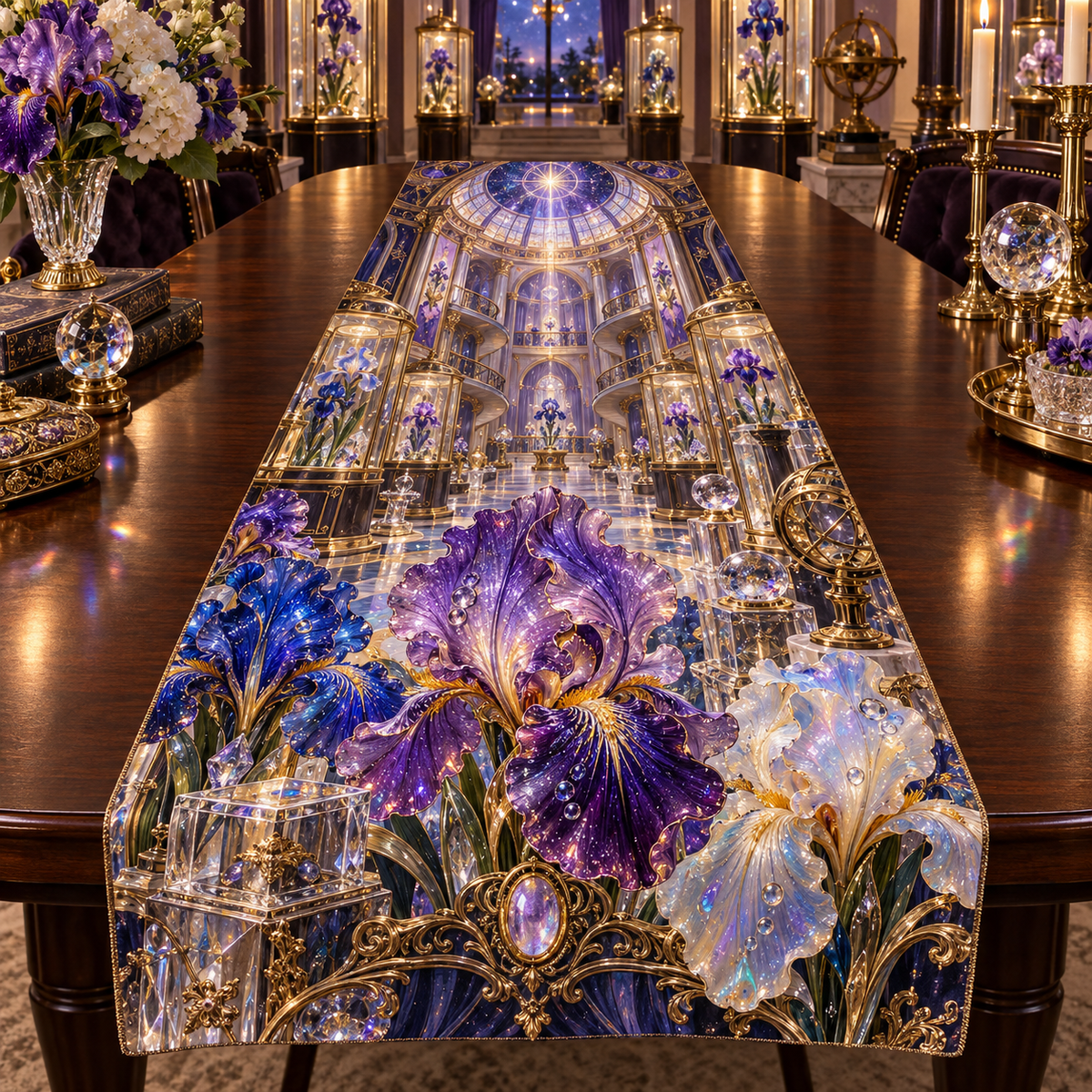 One table runner with a continuous iris Celestial Curio Gallery, blown-glass amethyst, cobalt and opal blooms, crystal plinths, brass vitrines, spiral balconies and star-prism oculus.