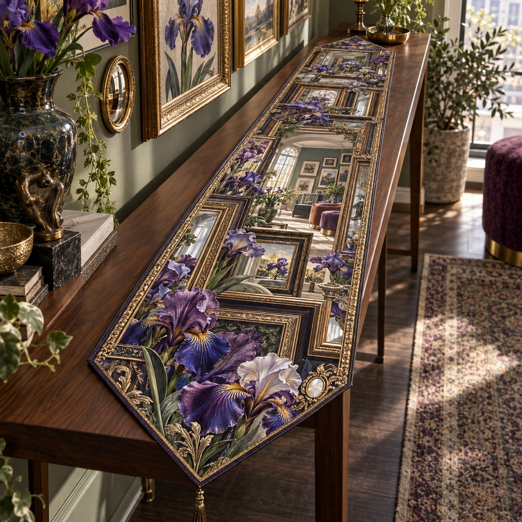 One table runner with a continuous iris Floating Frame Atelier, nested brass, walnut and bronze frames, bevelled mirrors, sculptural violet blooms and a luminous sage-blue gallery portal.