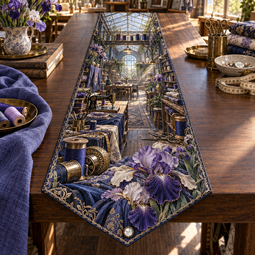 One table runner with a continuous Iris Indigo Threadhouse, embroidered violet and pearl blooms, brass bobbin towers, thread bridges, sewing stations and a luminous glass-roof maker loft.