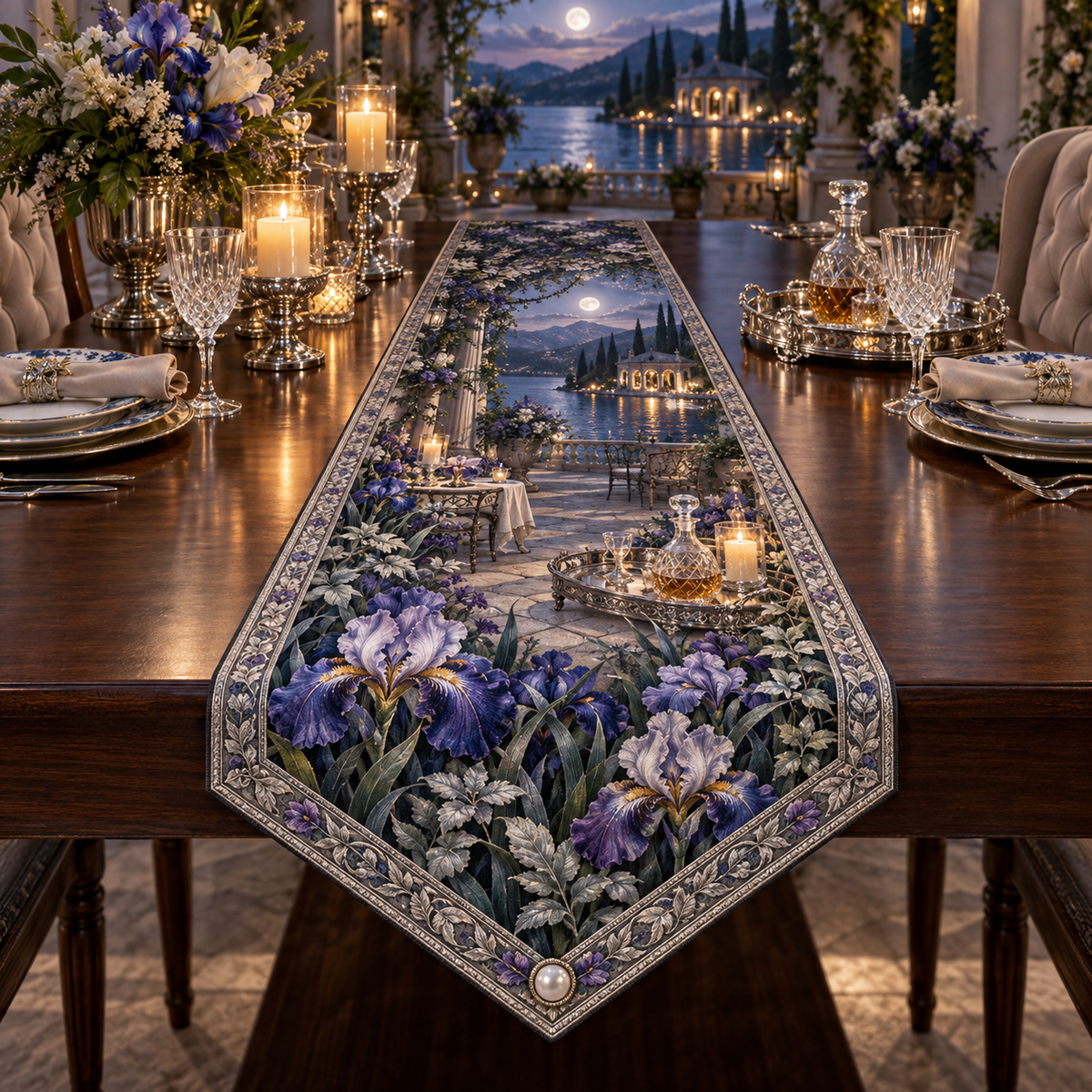 One table runner with a continuous Iris Silverleaf Supper Terrace, violet and pearl blooms, silver trellises, serving trays, candlelit tables and a moonlit lakeside pavilion.