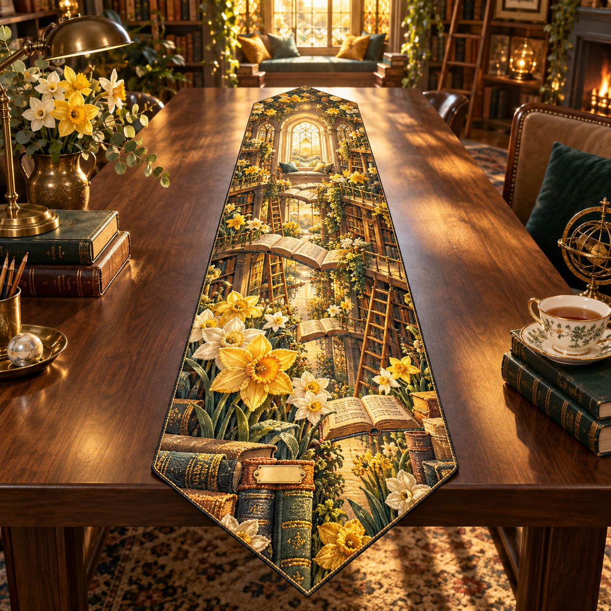 One table runner with a continuous Daffodil Golden Chapter Loft, golden daffodils, cream jonquils, leather-bound books, folio bridges, brass ladders and amber library arches.