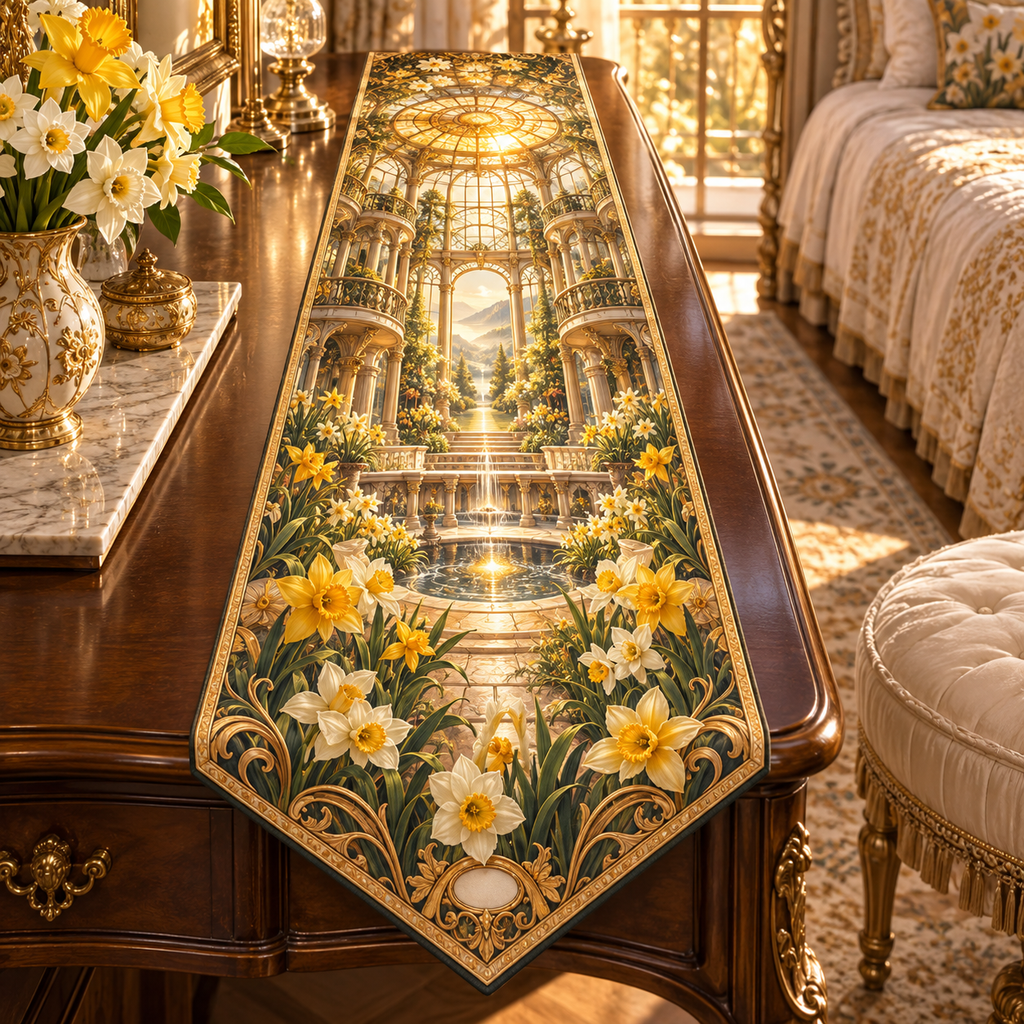One table runner with a continuous Daffodil Sunvault Canopy Manor, golden daffodils, cream jonquils, brass balconies, sunburst mosaics and an amber glass canopy.