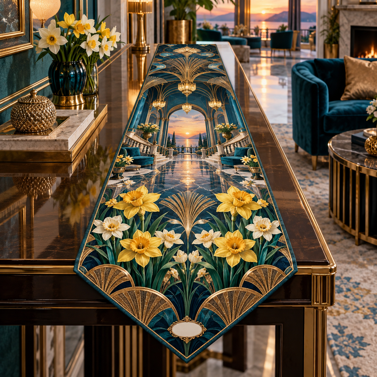 One table runner with a continuous Daffodil Azure Crown Salon, golden daffodils, cream jonquils, sapphire arches, mirrored stairs and a sunset gallery.