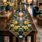 One table runner with a continuous Daffodil Azure Crown Salon, golden daffodils, cream jonquils, sapphire arches, mirrored stairs and a sunset gallery.