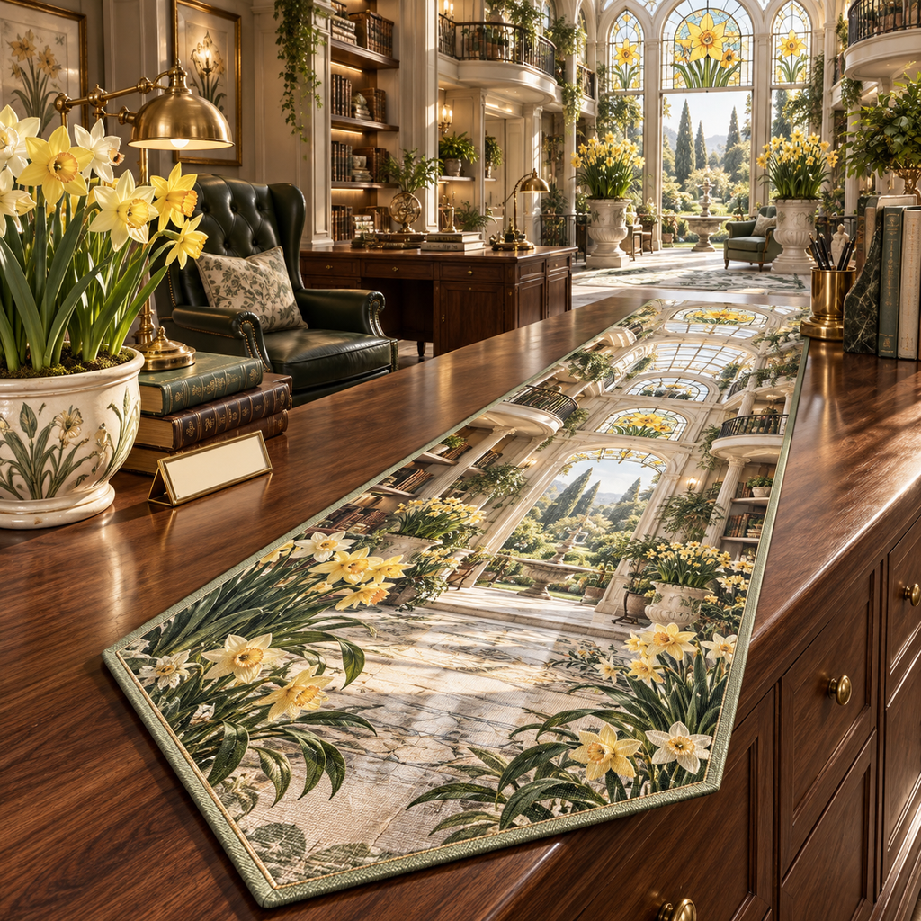 One table runner with a continuous Daffodil Sageglass Executive Atrium, golden daffodils, sage shelves, walnut desk, brass lamps and sunlit garden depth.