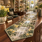 One table runner with a continuous Daffodil Sageglass Executive Atrium, golden daffodils, sage shelves, walnut desk, brass lamps and sunlit garden depth.