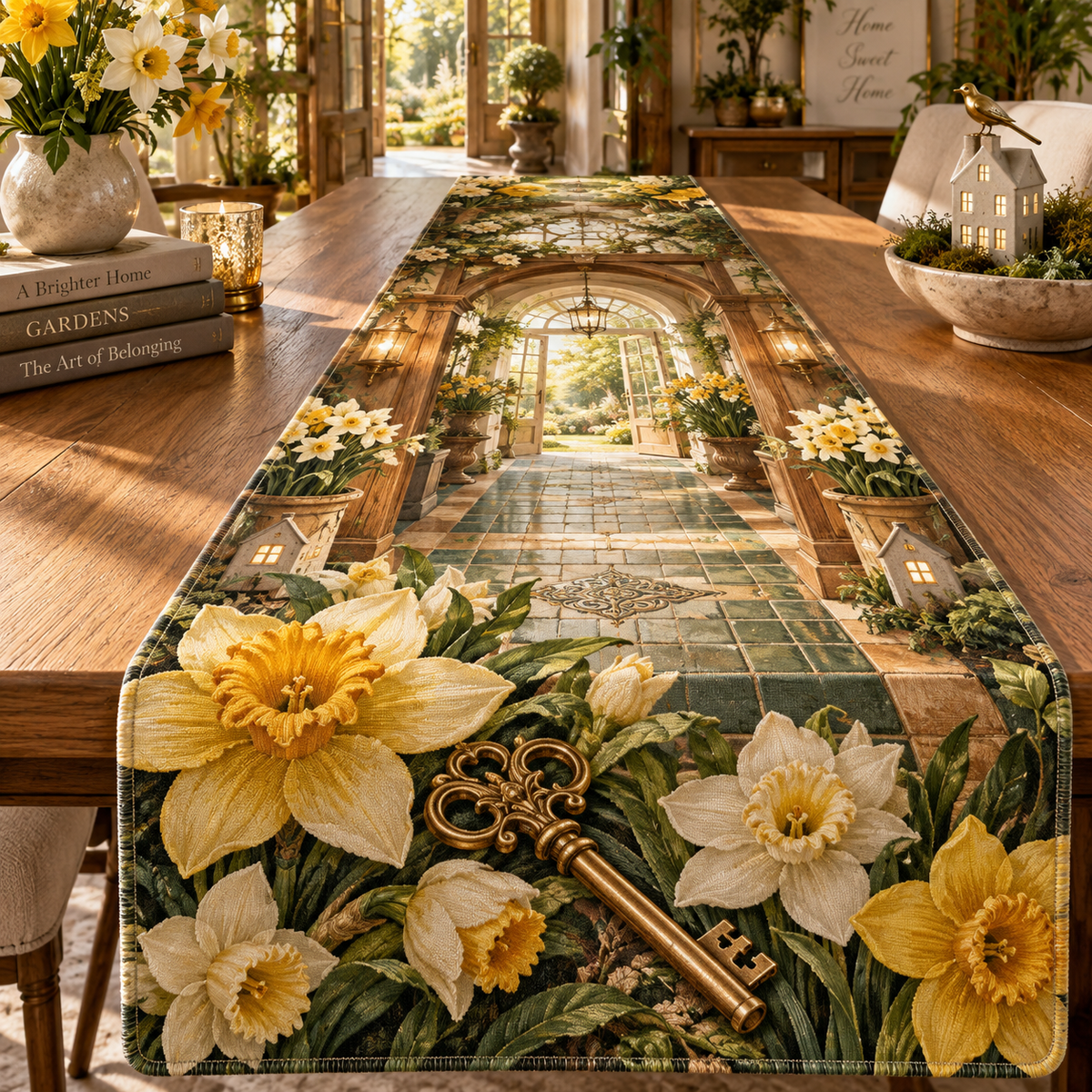 One table runner with a continuous Daffodil Hearthkey Conservatory, golden daffodils, brass keys, sage tile, oak foyer and sunlit new-home depth.