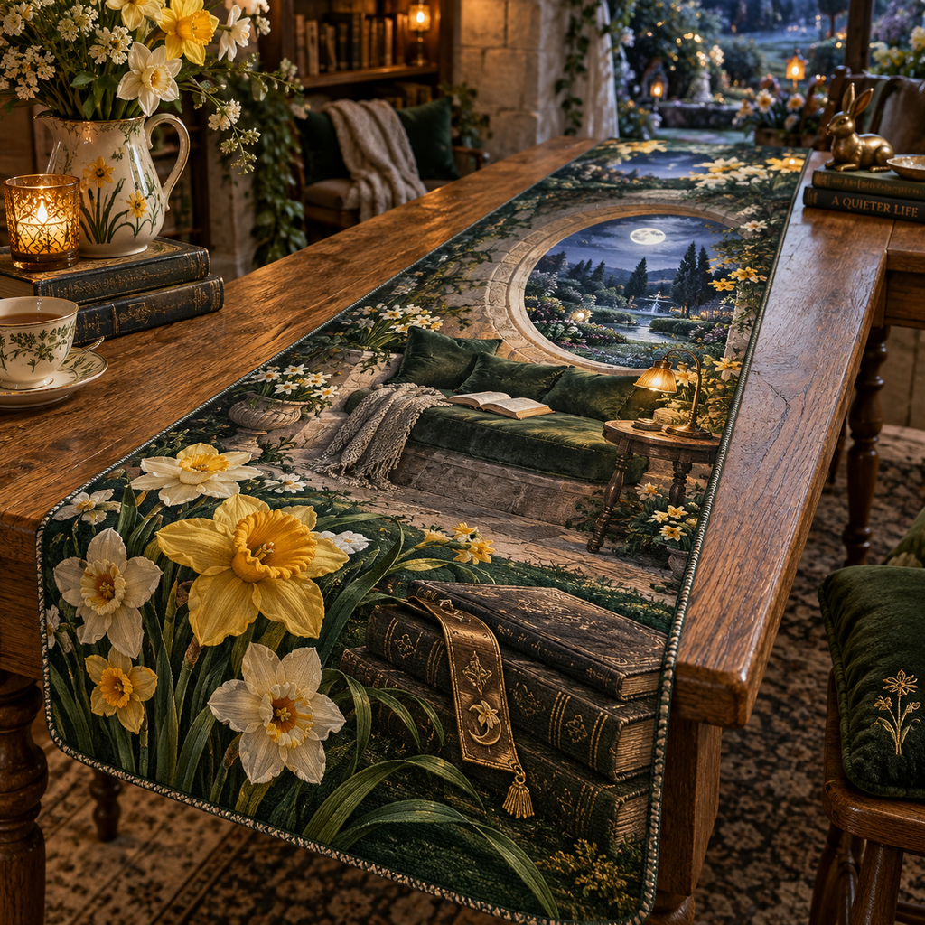 One table runner with a continuous Daffodil Moonwell Reading Alcove, golden flowers, moss velvet, aged books, amber lamp and moonlit garden depth.