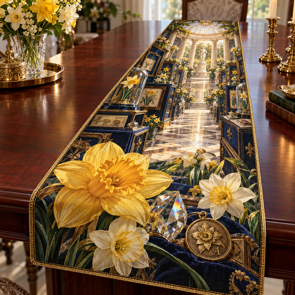 One table runner with a continuous Daffodil Aurelia Curio Gallery, golden flowers, cobalt velvet, crystal vitrines, brass frames and luminous rotunda depth.