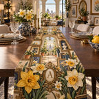 One table runner with a continuous Daffodil Lumenframe Apartment Salon, golden flowers, mixed brass frames, terracotta alcoves and sunlit apartment depth.
