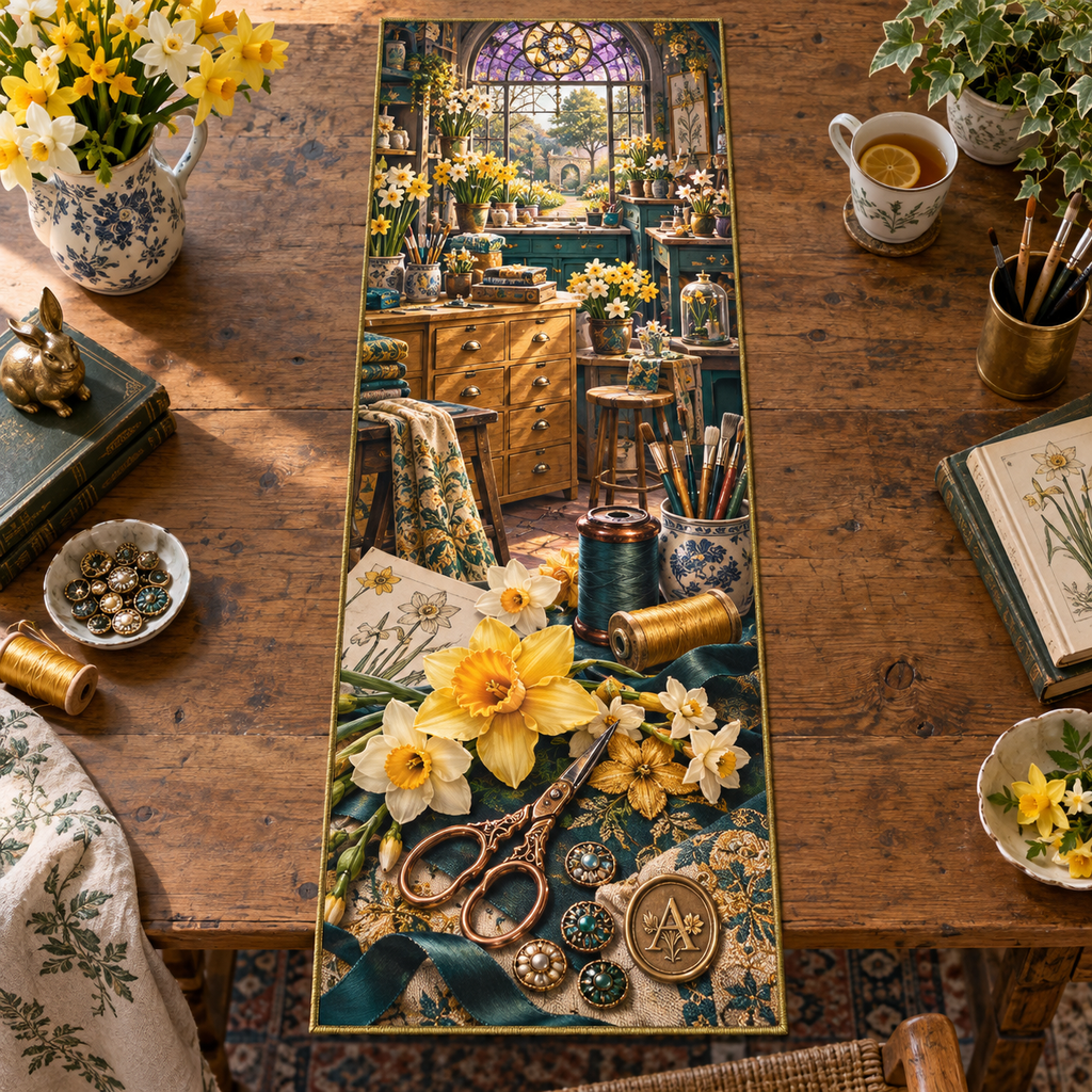 One table runner with a continuous Daffodil Makerlight Atelier, golden flowers, copper tools, peacock-teal workstations and sunlit atelier depth.