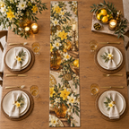 One table runner with a continuous Daffodil Amberglass Welcome Supper, golden flowers, amber glass, brass accents and candlelit garden depth.