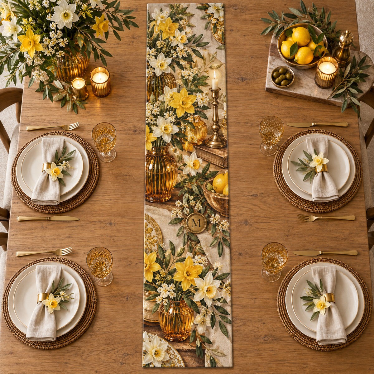 One table runner with a continuous Daffodil Amberglass Welcome Supper, golden flowers, amber glass, brass accents and candlelit garden depth.
