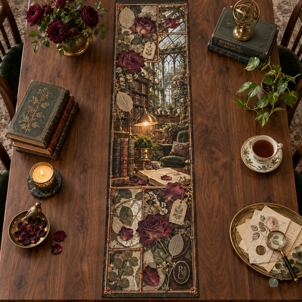 One table runner with a continuous Rose Glassleaf Reading Conservatory, pressed roses, copper herbarium glass, leather books and amber library depth.