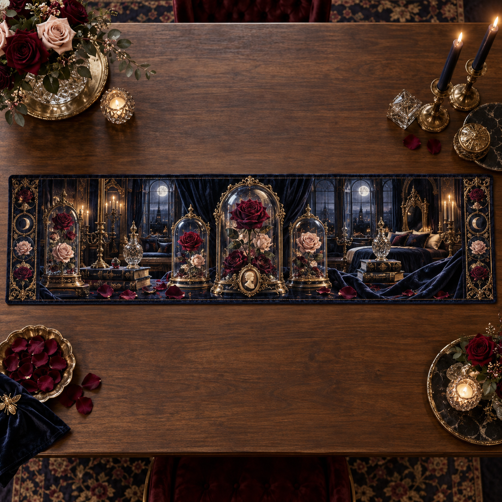One table runner with a continuous Rose Nocturne Specimen Gallery, pressed roses, gilded glass, indigo velvet and moonlit bedroom depth.