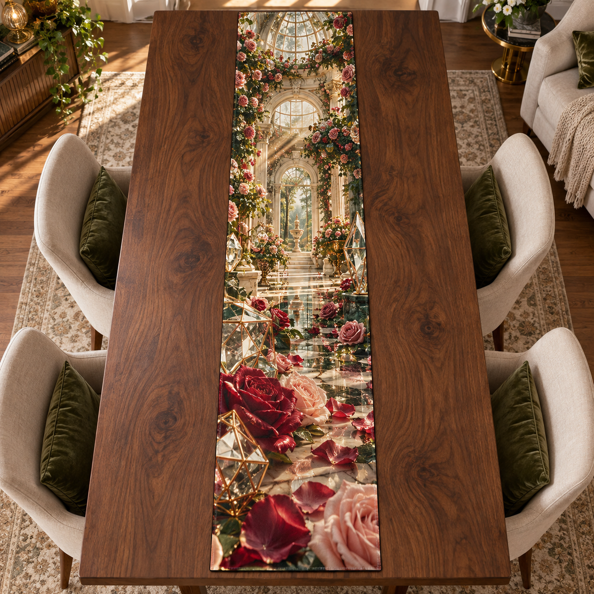 One table runner with a continuous Rose Solarium Grand Salon, pressed roses, gilded glass, indigo velvet and sunlit grand-salon depth.