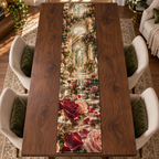 One table runner with a continuous Rose Solarium Grand Salon, pressed roses, gilded glass, indigo velvet and sunlit grand-salon depth.
