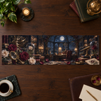 One table runner with a continuous Rose Archivist Observatory, pressed roses, gilded glass, indigo velvet and celestial observatory-office depth.