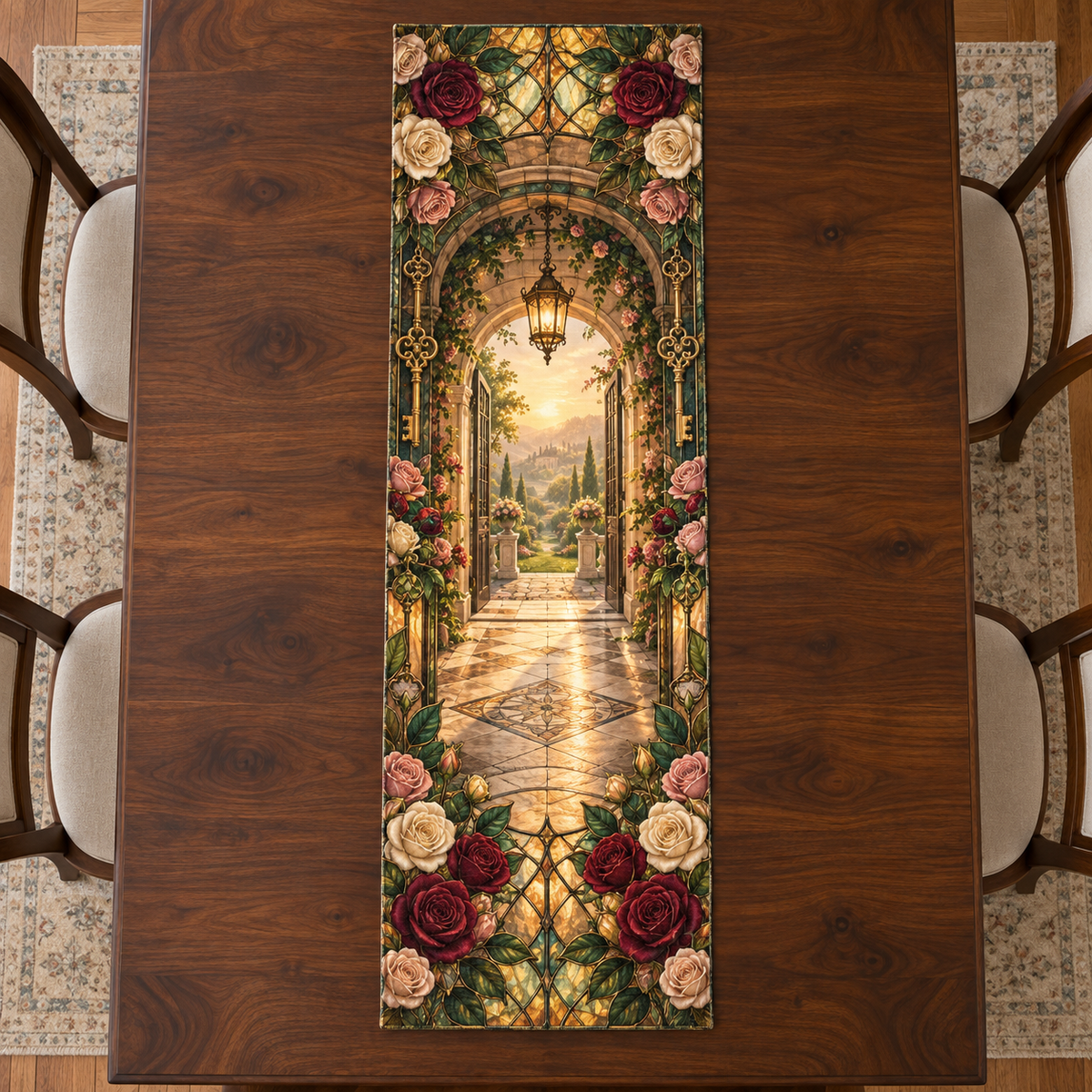 One table runner with a continuous Rose Hearthglass Welcome House, pressed roses, gilded glass, indigo velvet and luminous garden-foyer depth.