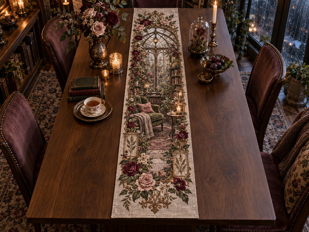 One table runner with an original Rose Embernook Conservatory, dimensional roses, botanical glass and candlelit quiet-corner depth.