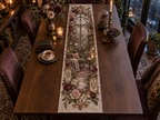 One table runner with an original Rose Embernook Conservatory, dimensional roses, botanical glass and candlelit quiet-corner depth.