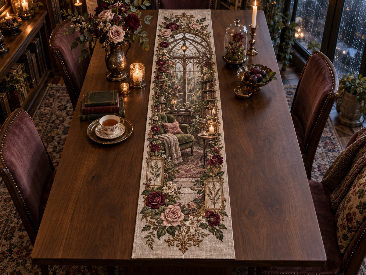 One table runner with an original Rose Embernook Conservatory, dimensional roses, botanical glass and candlelit quiet-corner depth.