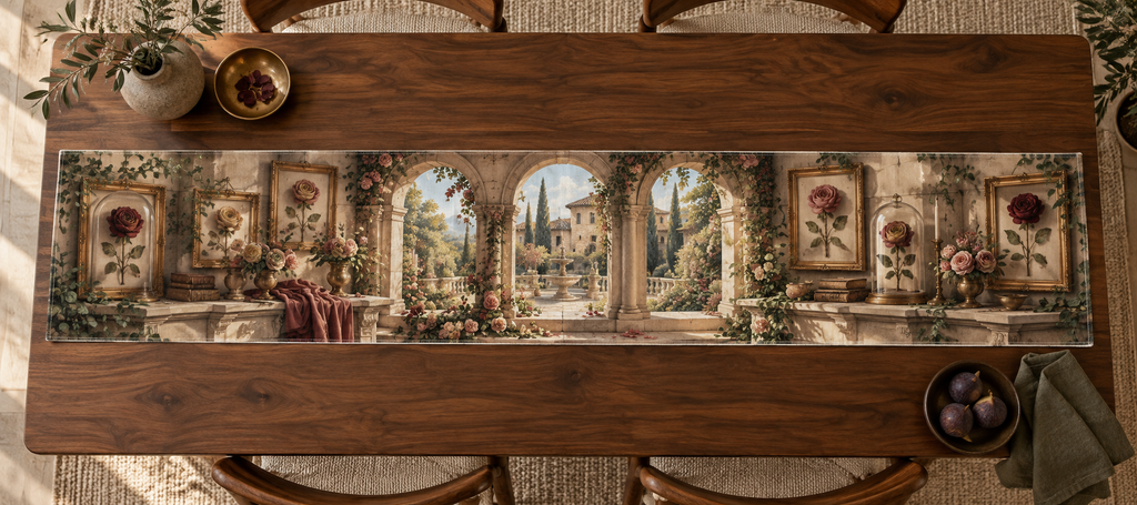 One table runner with an original Rose Salon Wallscape, dimensional roses, botanical glass and candlelit quiet-corner depth.