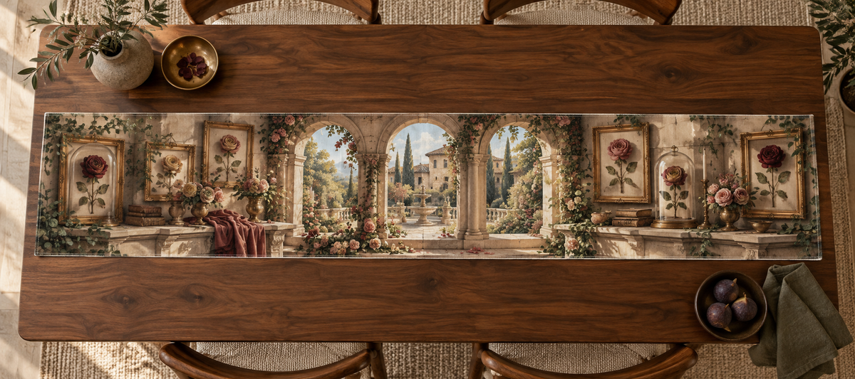 One table runner with an original Rose Salon Wallscape, dimensional roses, botanical glass and candlelit quiet-corner depth.