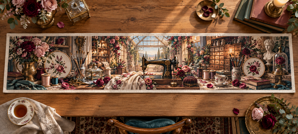 One table runner with an original Rose Atelier Identity, dimensional roses, sewing tools and sunlit atelier depth.