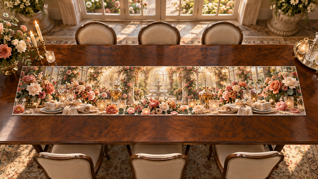One table runner with an original Rose Gratitude Conservatory, dimensional roses, crystal and sunlit conservatory depth.
