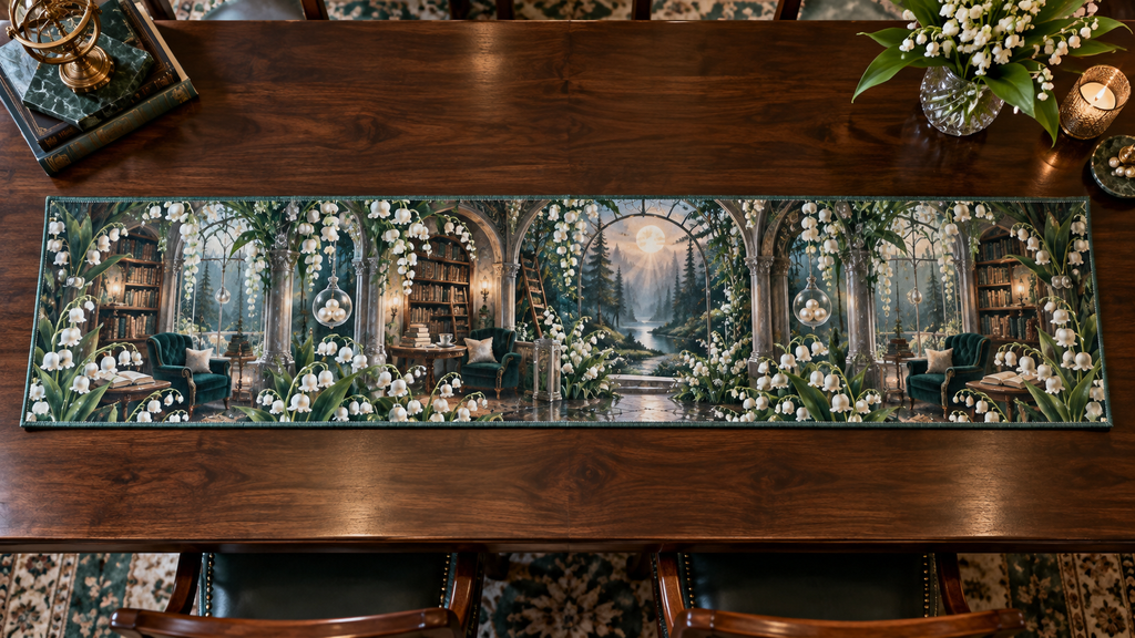 One table runner with an original Moonbell Reading Conservatory, dimensional moonbells, silver glass and moonlit library depth.