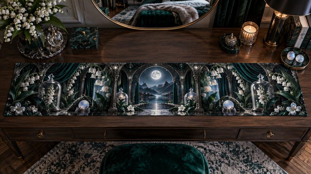 One table runner with an original Emerald Moonbell Grand Chamber, dimensional moonbells, smoky glass and moonlit grand-bedroom depth.