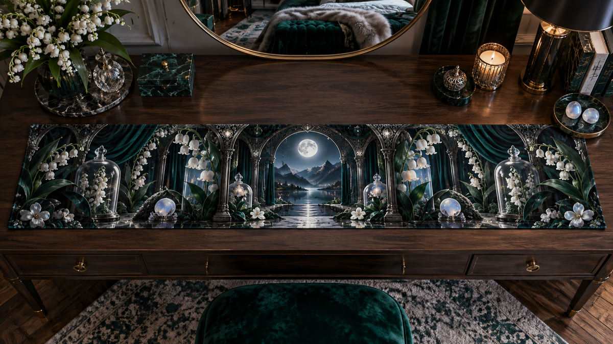 One table runner with an original Emerald Moonbell Grand Chamber, dimensional moonbells, smoky glass and moonlit grand-bedroom depth.
