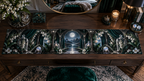 One table runner with an original Emerald Moonbell Grand Chamber, dimensional moonbells, smoky glass and moonlit grand-bedroom depth.