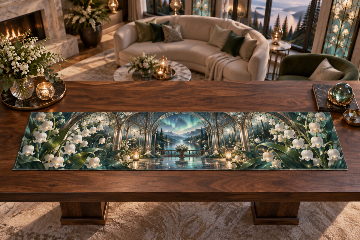 One table runner with an original Moonbell Aurora Salon, dimensional moonbells, teal glass and luminous aurora-salon depth.