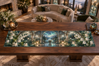 One table runner with an original Moonbell Aurora Salon, dimensional moonbells, teal glass and luminous aurora-salon depth.