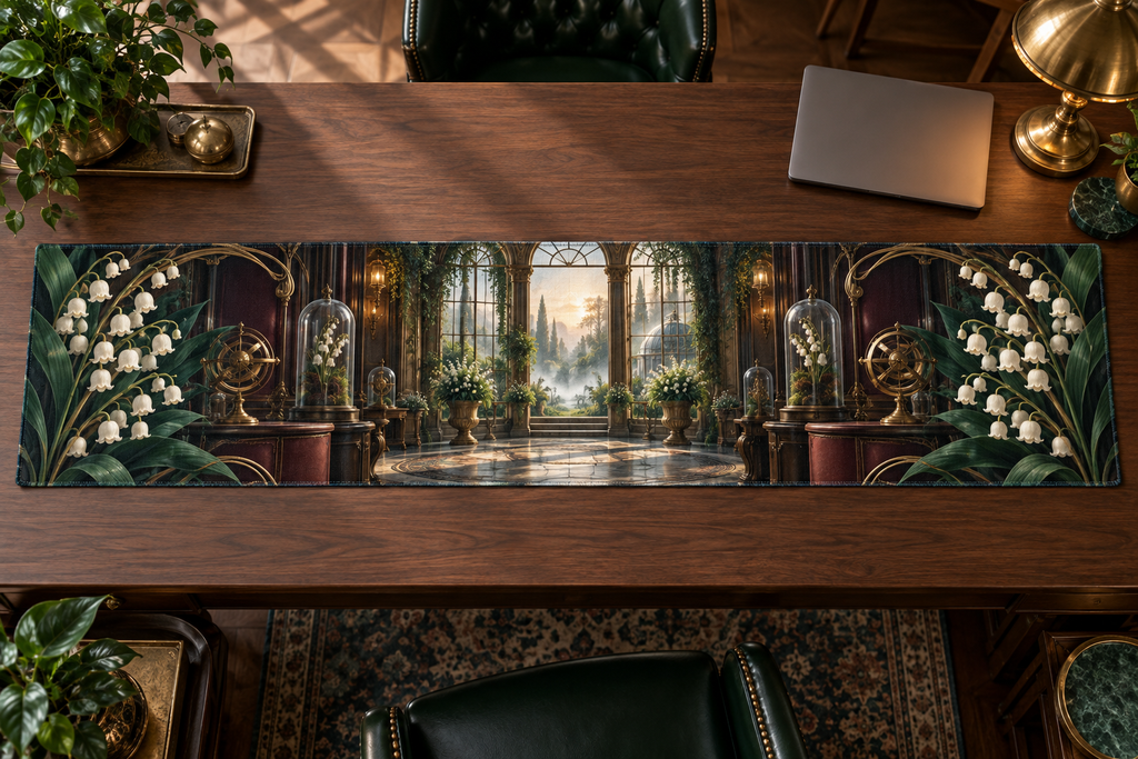 One table runner with an original Moonbell Scholar Atrium, dimensional moonbells, specimen glass and luminous scholar-atrium depth.