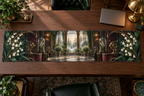 One table runner with an original Moonbell Scholar Atrium, dimensional moonbells, specimen glass and luminous scholar-atrium depth.