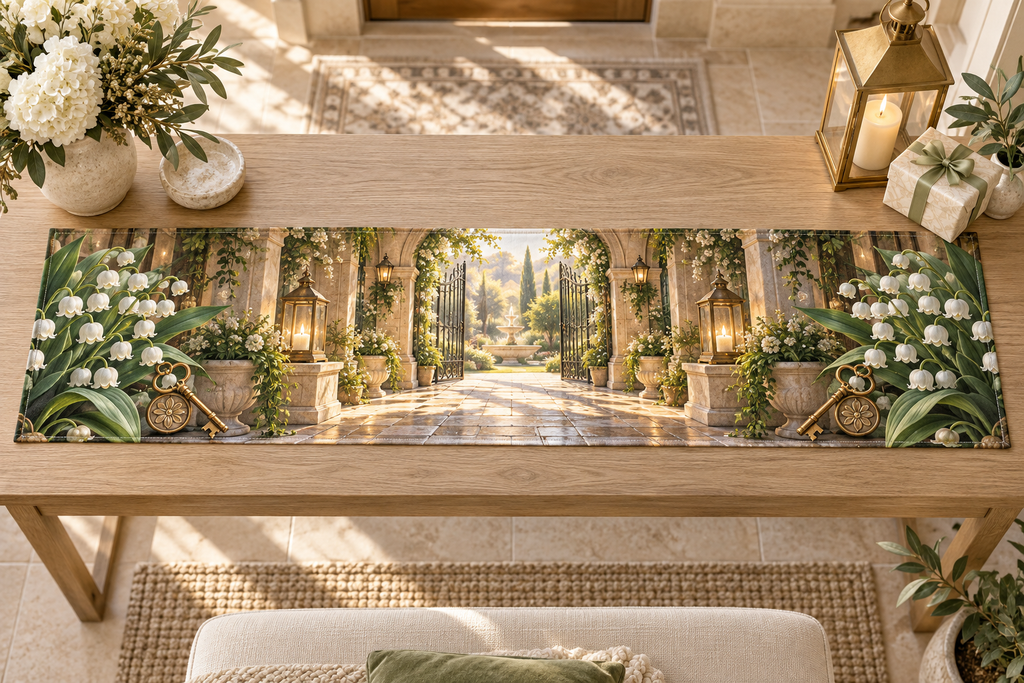 One table runner with an original Moonbell Hearthglass Welcome, dimensional moonbells, amber lanterns and luminous welcome-courtyard depth.