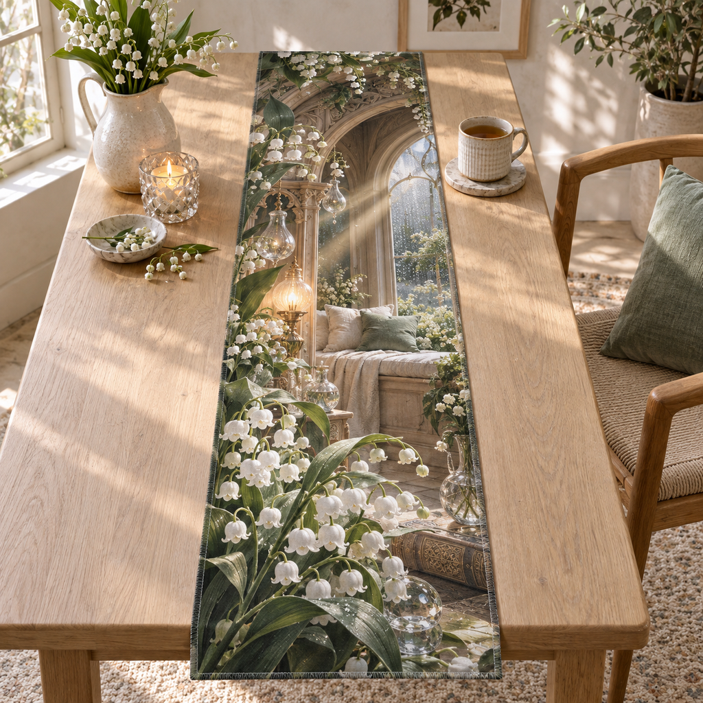One table runner with an original Moonbell Whisperglass Alcove, dimensional moonbells, opaline droplets and luminous reading-alcove depth.