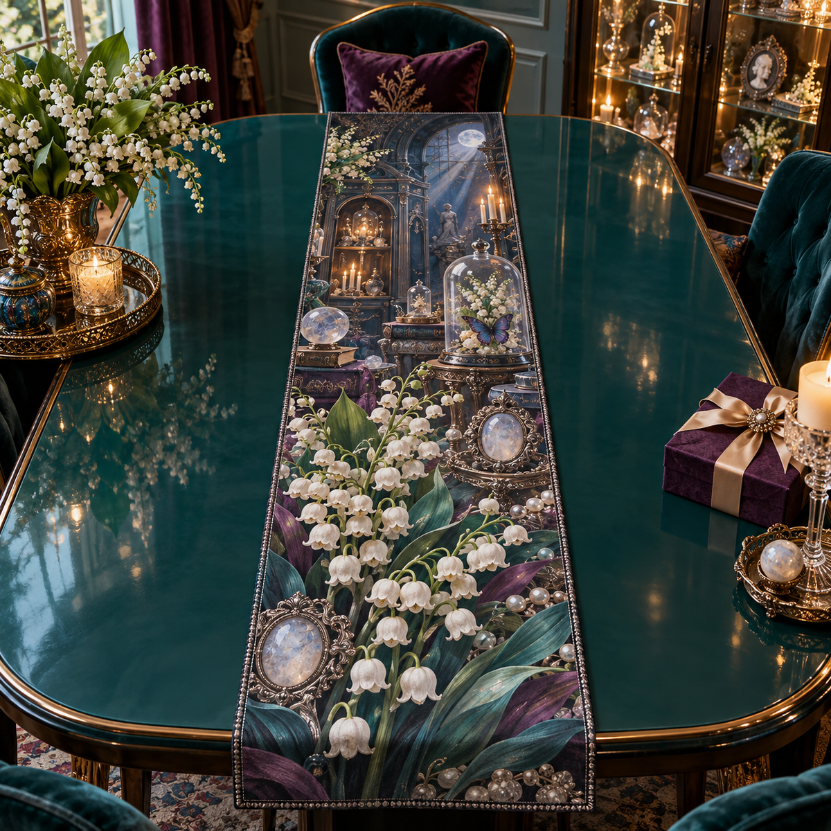 One table runner with an original Moonbell Reliquary Jubilee, dimensional moonbells, moonstone cameos and luminous collector-reliquary depth.