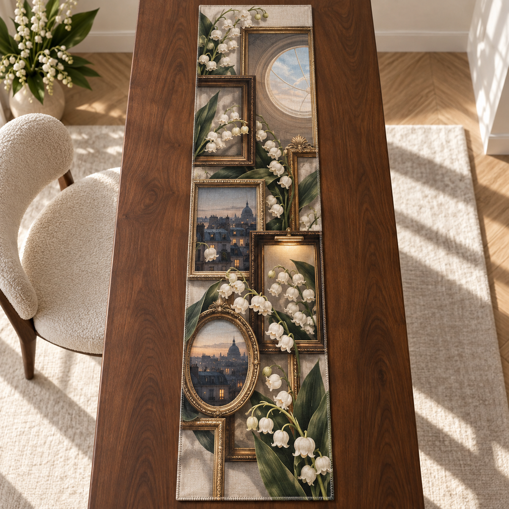 One table runner with an original Moonbell Skylight Gallery, dimensional moonbells, layered frames and luminous apartment-gallery depth.