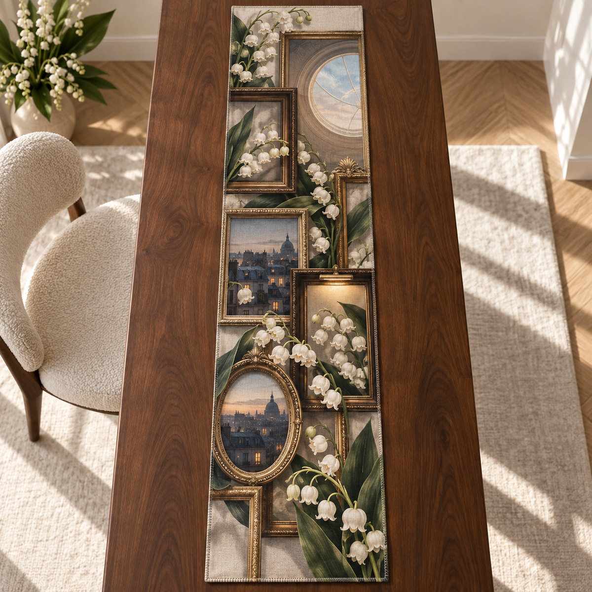 One table runner with an original Moonbell Skylight Gallery, dimensional moonbells, layered frames and luminous apartment-gallery depth.
